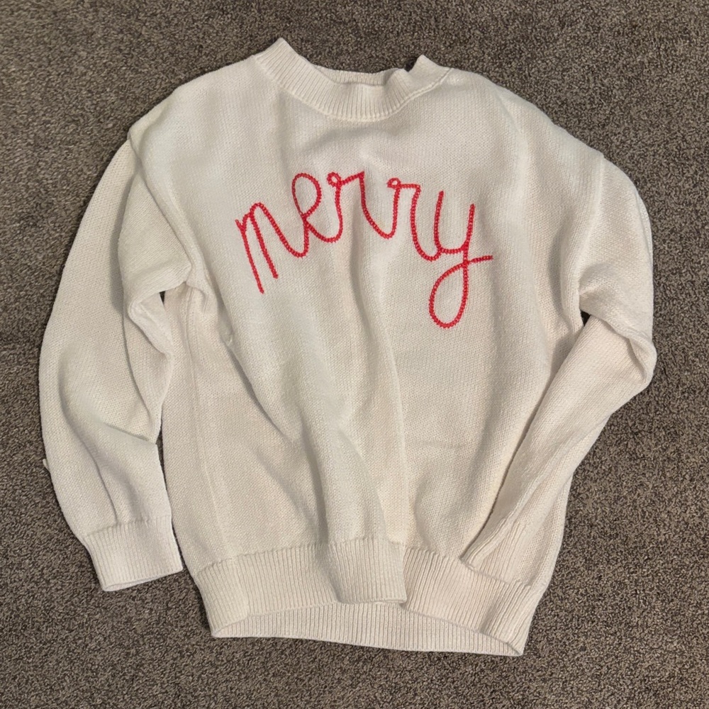 Fashion Nova White Sweater with Red 'Merry' Embroidery
